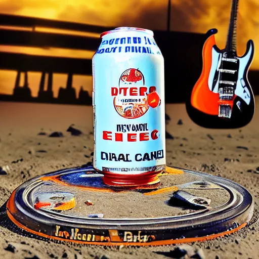 Image similar to a detailed, realistic, idle, regular sized electric guitar next to a detailed, realistic, idle, regular sized beer can on the moon. detailed photo. realistic photo. hyper realism. closeup