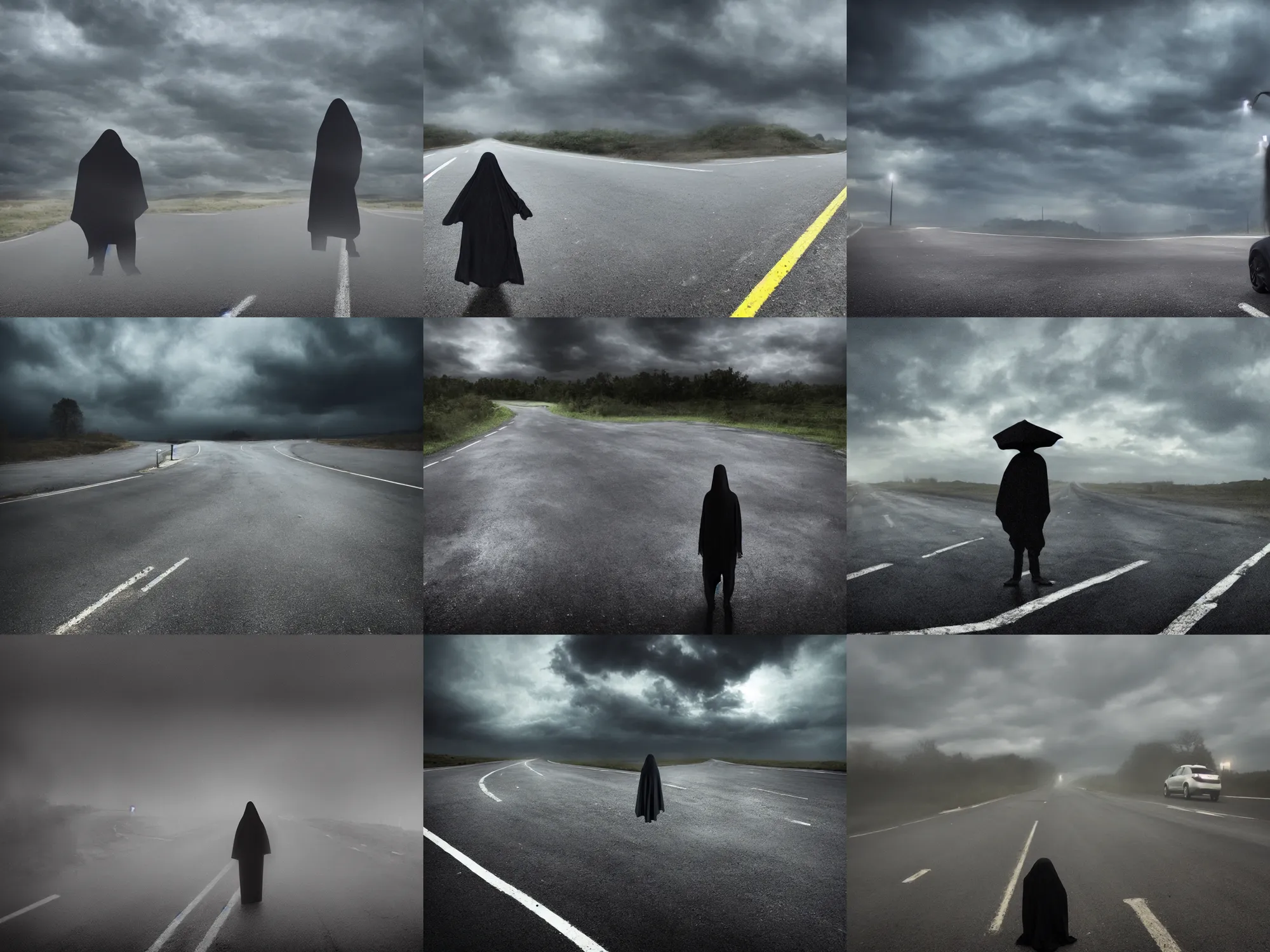 Prompt: A dark ghost in the middle of a road staring at the driver. dramatic lighting, bad weather, dark clouds, horror footage, highly realistic. live cam