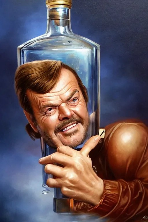 Image similar to a ship in a bottle but instead of a ship it is jack nicholson in the bottle, a young jack nicholson, fancy whiskey bottle, masterpiece painting by artgerm and tom bagshaw and boris vallejo