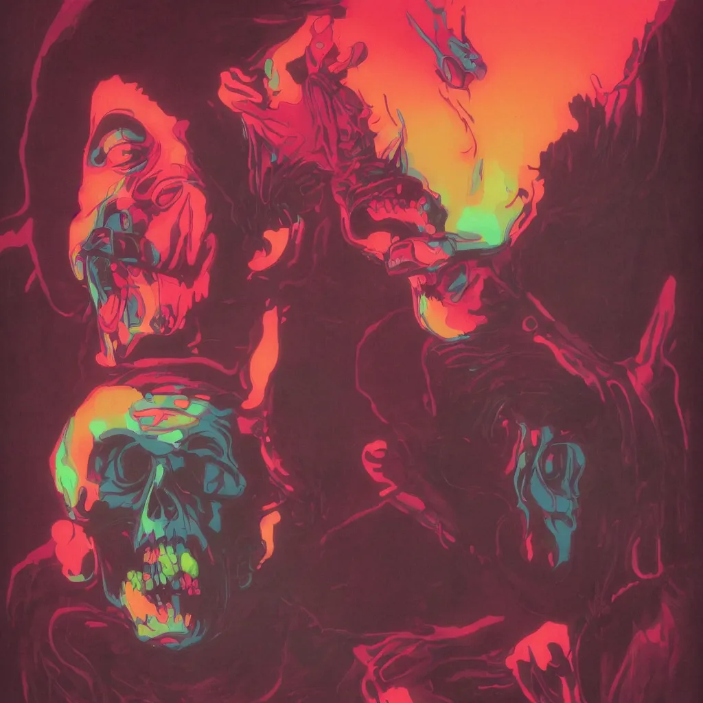 Image similar to weird and disturbing portrait of todd solondz puking blood, skull, vivid colors, neon, art by ( ( ( kuvshinov ilya ) ) ) and wayne barlowe and francis bacon and artgerm and wlop and william - adolphe bouguereau