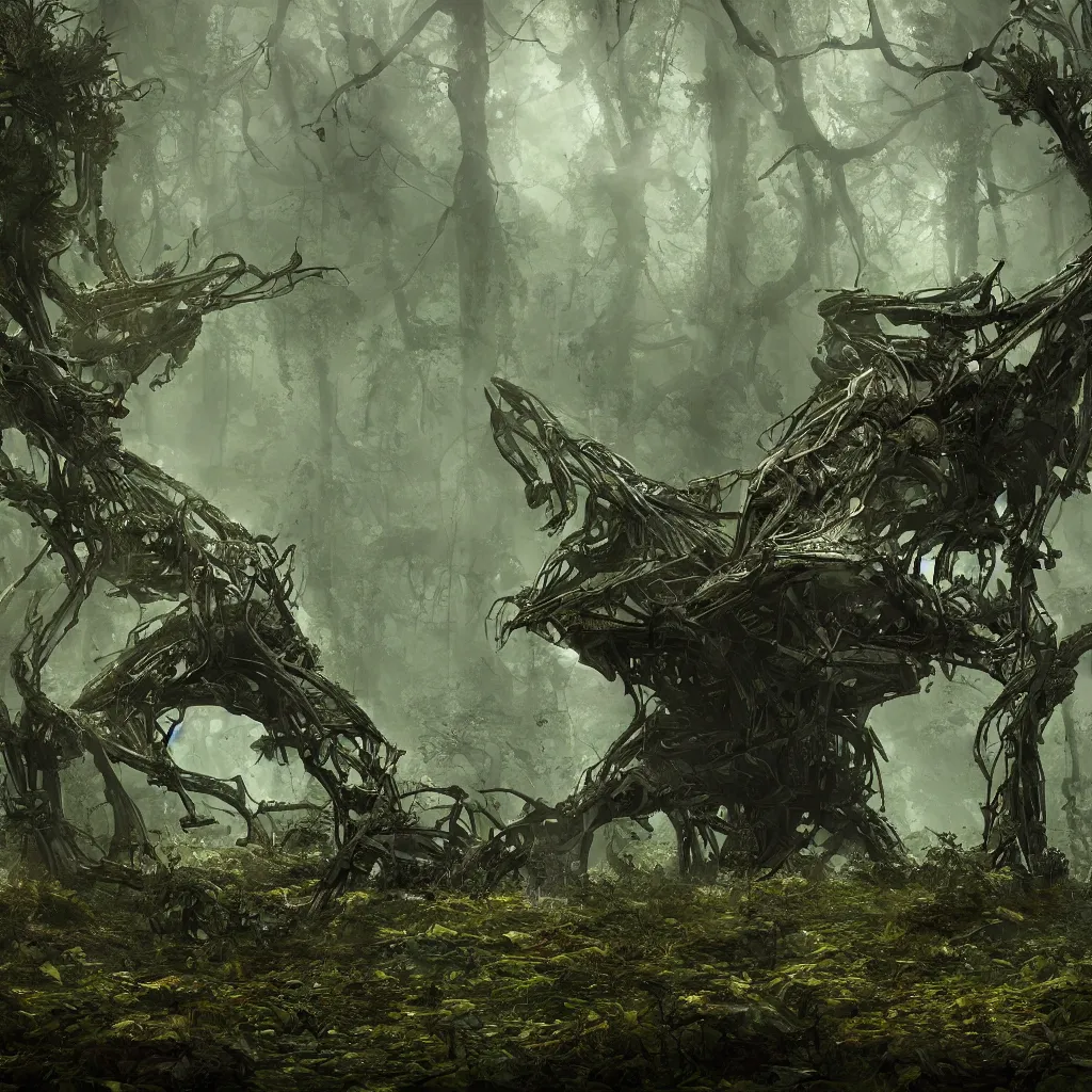 Image similar to a derelict alien machine covered in foliage deep in the forest, trending on artstation, 4k, award-winning art, beautiful somber melancholic atmosphere, detailed matte painting