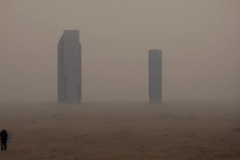 Prompt: inside a gigantic monolithic skyscraper, open wall architecture, sand storm enters the building, concrete pillars, ancient sci - fi elements, on an alien planet, sun is blocked by dust, pale orange colors, cinematographic wide angle shot, directed by christopher nolan