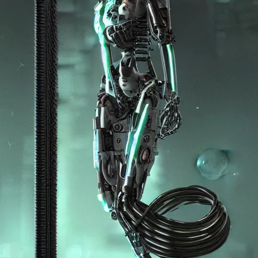 Image similar to the upper torso of a terminator cyborg lady with borg implants, human face and robotic snakes coming out of her head is hanging from cables and wires off the ceiling of a lab. Her bottom half is missing with cables hanging out. She is taking a sip from a cup of coffee. Tiny green led lights in her cybernetics. very detailed 8k. Horror cyberpunk style. Unreal engine 5 render with nanite, path tracing and cinematic post processing. Sharp.