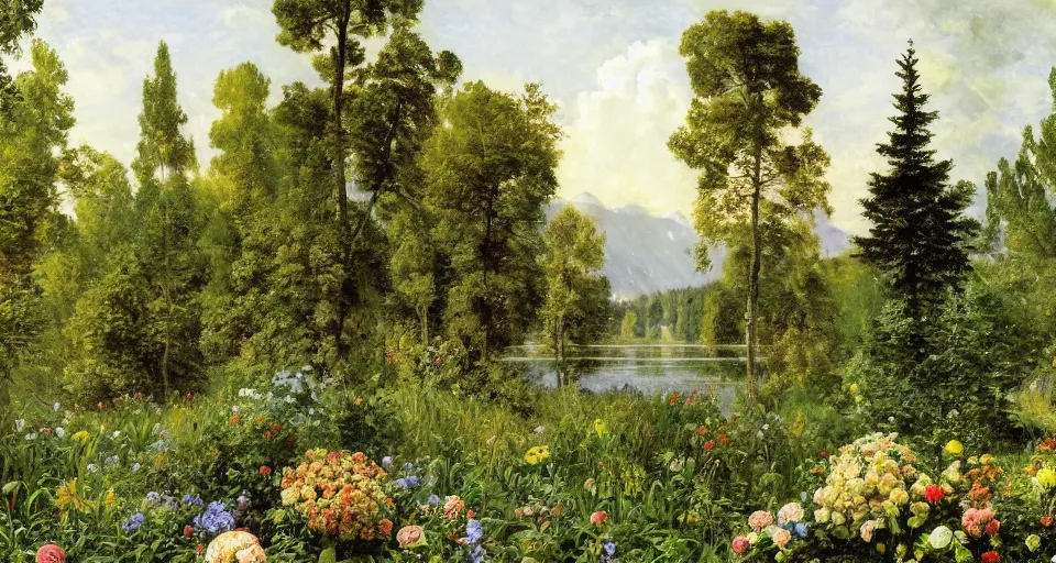 Image similar to atlas texture map megascans, flowers by the lake with forest in background, white background illustrated by eugene von guerard, ivan shishkin, john singer sargent