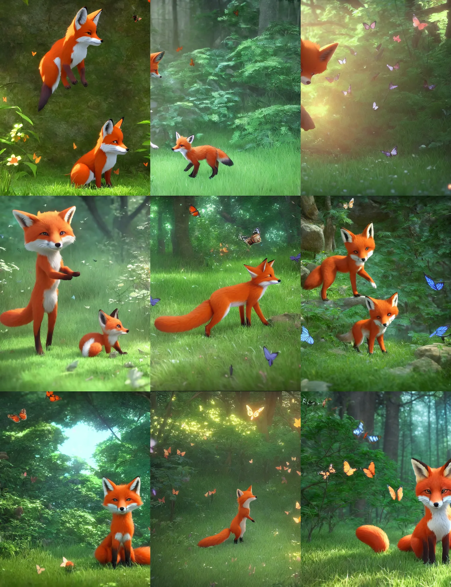 Prompt: little fox play with butterflies in forest, makoto shinkai, ultra hd, ray tracing, smooth, dream