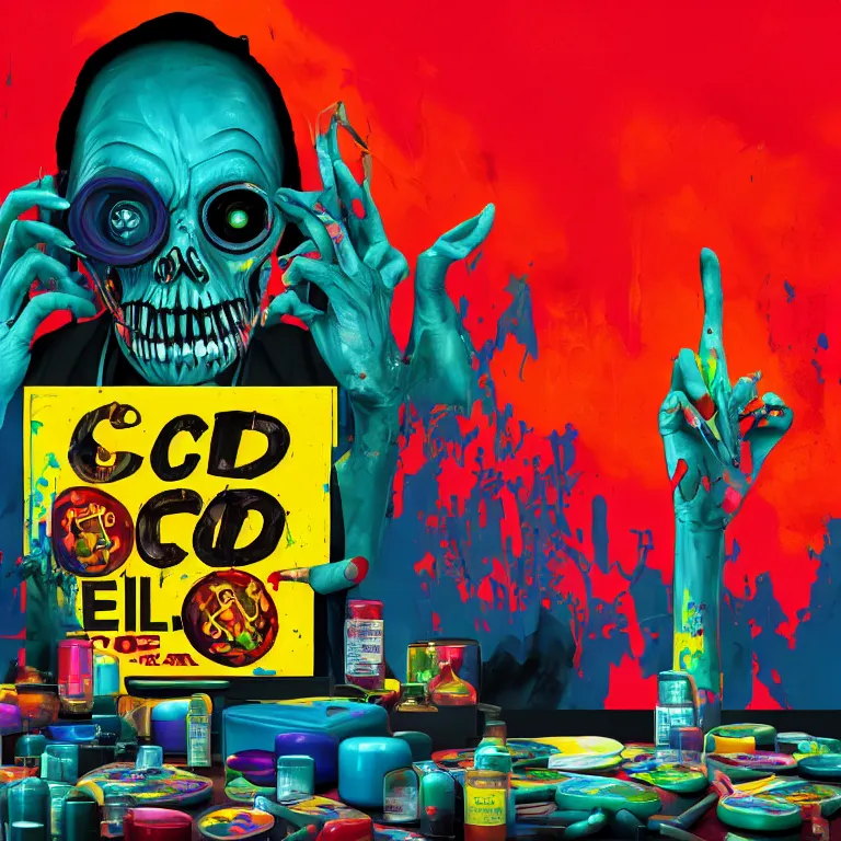 Prompt: acid color painting in a vibrant color style of 70's black poster art of an evil undead psychotic doctor prescribing large pills, epic scale ultrawide angle, 3D rendered, Vray rendered, octane render, unreal engine