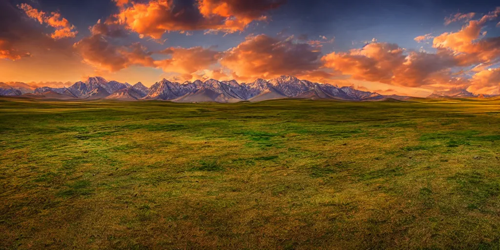 Prompt: sunset valley in kyrgyz, vray, hdr, some clouds, soft shadow, photorealistic