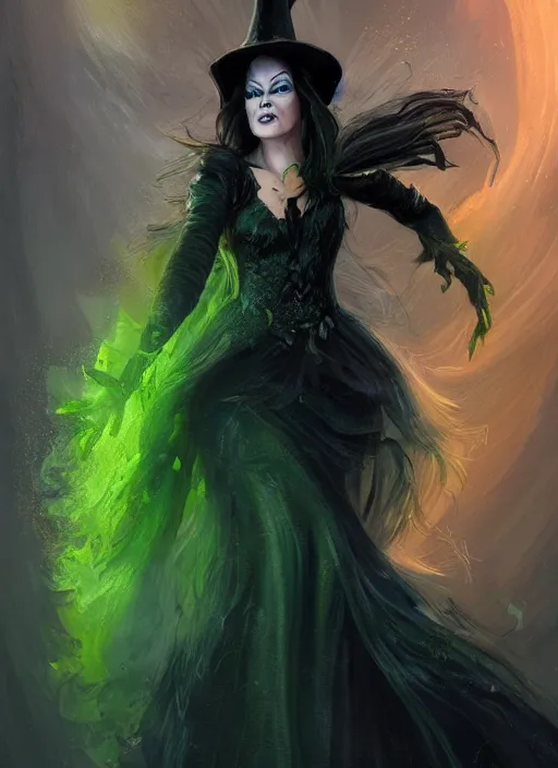 Image similar to beautiful female wicked witch, rebecca romijn as the wicked witch of the west, full body character concept, armor, super powers, fantasy, intricate, elegant, highly detailed, digital painting, artstation, concept art, shining, sharp focus, illustration, art by stanley lau