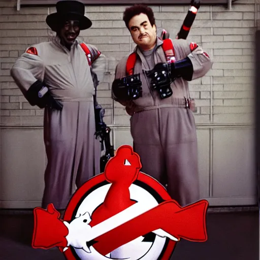 Image similar to photoshoot of john belushi and eddie murphy as ghostbusters, in the style of annie leibovitz - h 6 4 0