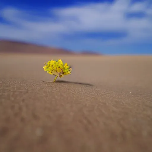 Image similar to a single small pretty desert flower blooms in the middle of a bleak arid empty desert next to a topaz crystal partly revealed, background sand dunes, clear sky, low angle, dramatic, cinematic, tranquil, alive, life.