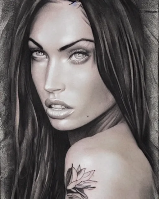 Image similar to realism tattoo design sketch of megan fox face blended with beautiful mountain scenery, in the style of dan mountford, double exposure, hyper realistic, amazing detail, black and white