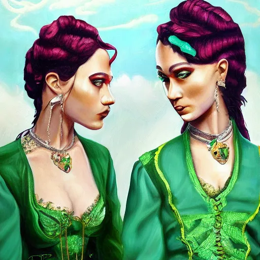 Image similar to a highly detailed painting. Beautiful twin sisters are being looked at by the musician Prince. He is green with jealousy. Trending on Artstation.