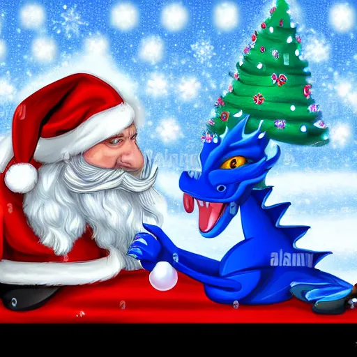 Prompt: blue santa playing checkers against a christmas themed dragon, digital art, highly detailed,