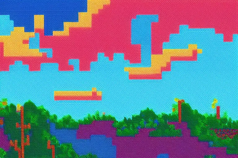 Image similar to pixel landscape, pixel evening, beautiful pixel cloud, beautiful pixel sky, quiet, no people, trending on artstation, trending on deviantart, pixelart, pixelperfect, pixel art, pixel, art of angrysnail, pixel game, indiegame