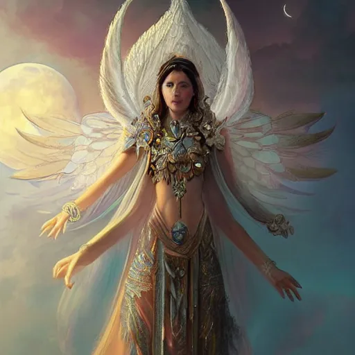 Image similar to A beautiful digital painting of a female Seraphim full of jewels, princess, the moon behind her, intricate, cinematic lighting, highly detailed, digital painting, Artstation, concept art, smooth, sharp focus, illustration, art by Tom Bagshaw, Artgerm and Greg Rutkowski