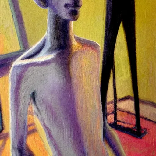 Image similar to a painting of a ethereal ghost standing close to camera in the style of alberto giacometti, acrylic, twilight, glows, detailed,