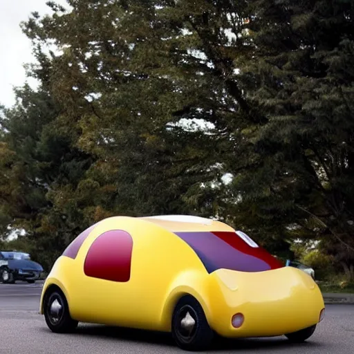 Prompt: a car that is shaped like a cheeseburger