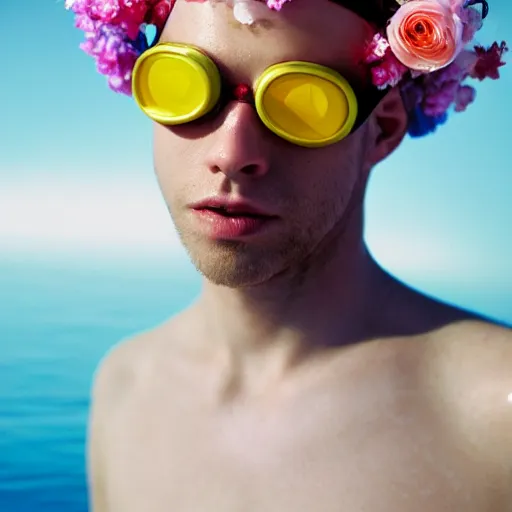 Prompt: close up kodak portra 4 0 0 face portrait photograph of a skinny guy with blonde hair submerged in a elegant tub of white milk, aerial view, wearing cyber goggles, flower crown, moody lighting, telephoto, 9 0 s vibe, blurry background, vaporwave colors, dream aesthetic, dreamy aesthetic, faded!,