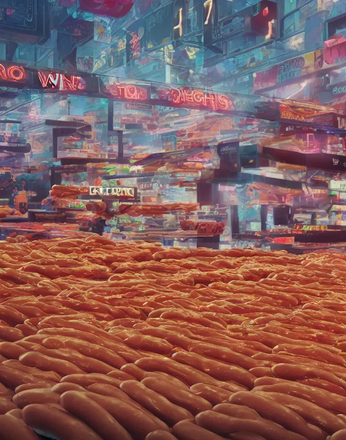 Prompt: wall of hot dogs. intricate artwork by Tooth | Wu wlop | beeple and dan mumford and greg rutkowski. halo. octane render cinematic hyper realism octane render 8k depth of field bokeh. iridescent accents.