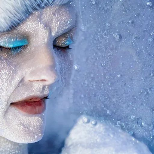 Image similar to futuristic female soldier eyes closed partly submerged in highly viscous clear fluid, frost particles, ice needles, cold blue light, complex hyperdetailed technical suit. white hair flowing. reflection. rays and dispersion of light. volumetric light. 5 0 mm, f / 3 2. noise film photo. ultra realistic, wide angle. rudolf herczog