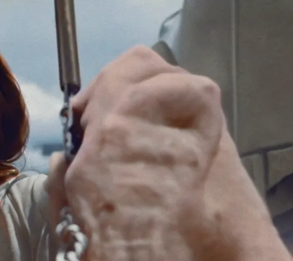 Prompt: a movie still of lana del rey as a handcuffed prisoner with a chain around her neck in the movie star wars