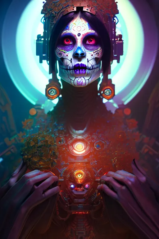 Prompt: ultra detailed female android deity, scifi, fantasy, octane render, unreal engine, dia de los muertos, asymmetrical intricate concept art, triadic color, art by godmachine and artgerm and greg rutkowski and alphonse mucha, 8 k, artstation, cgstation, behance