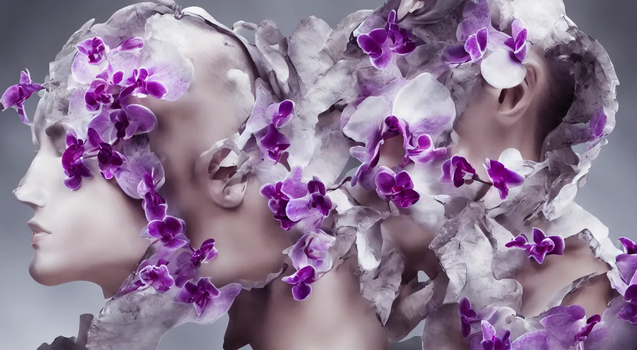 Prompt: a glacier made of orchids inside the head of a fashion model 4K HD realism and photorealistic