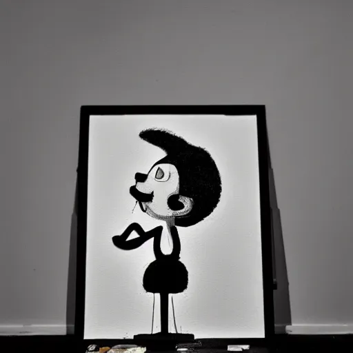 Image similar to a black and white photograph of a man made out of art supplies, in the style of gary baseman, robert crumb, photorealism, surreal, high contrast, soft lighting, film photography