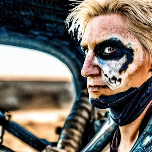 Image similar to xqc as immortan joe in mad max fury road, 4k, high detail, high-resolution photograph, professional photography, ultra-detail