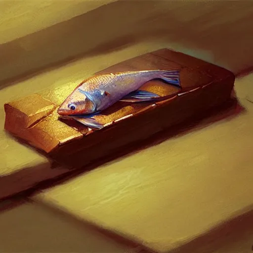 Prompt: a fish laying on top of a chocolate bar. soft, atmospheric, warm lighting. highly detailed digital painting by mandy jurgens.