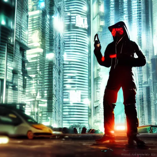 Image similar to cyberpunk hacker in front of bangkok by kashin, wadim