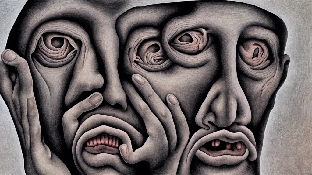 Image similar to a weeping man screams in agony, closeup on face, extreme facial symmetry |, afterlife, souls in joy and agony | abstract oil painting, gouche on paper by MC Escher and Salvador Dali |