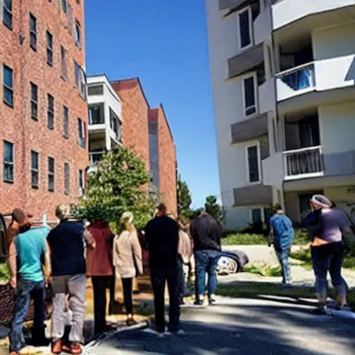 Prompt: prospective renters line up to see an apartment that already burned down