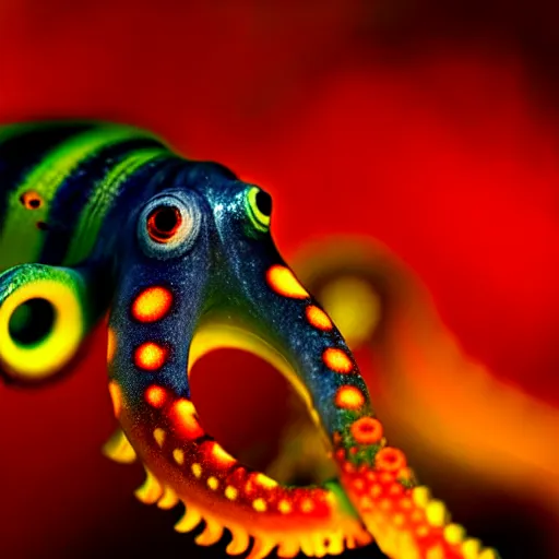 Image similar to fiery whimsical emotional eyes cephalopod, in a photorealistic macro photograph with shallow dof