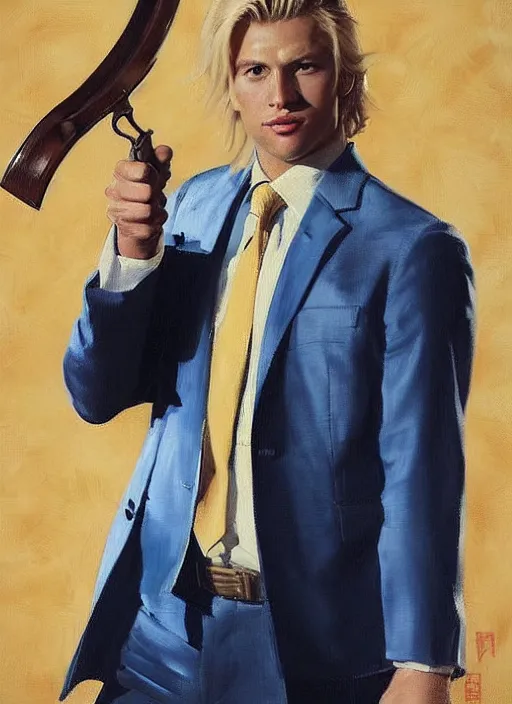 Image similar to greg manchess portrait painting of a blond man in a blue suit with a sword and a pistol, asymmetrical, profile picture, organic painting, sunny day, matte painting, bold shapes, hard edges, street art, trending on artstation, by huang guangjian, gil elvgren, ruan jia, randy vargas, greg rutkowski