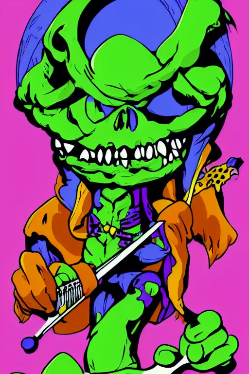 Image similar to rockstar skeletor, art by brian miller, sticker, colorful, illustration, highly detailed, simple, smooth and clean vector curves, no jagged lines, vector art, smooth