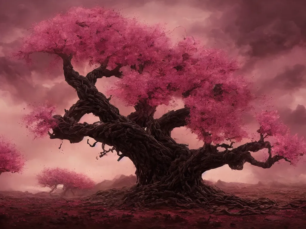 Image similar to a Photorealistic complex hyper detailed hyper realistic rendering of a gigantic eerie knotted tree full of beautiful blossoming pink Sakura flowers in a desert valley with flowers scattered all over the ground at dusk,dark stormy clouds by Craig Mullins,Greg Rutkowski,Beautiful dynamic dramatic dark moody lighting,shadows,volumetric,Cinematic Atmosphere,high surface and silhouette details,Octane Render,8k