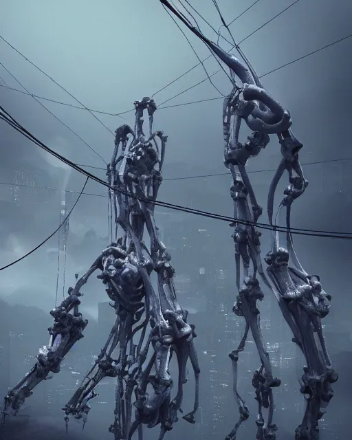 Prompt: a dramatic shot people looking at a giant fat biomechanical cocoon made of bones and cables with cyber muscles and pale skin hanging from the powerlines in a suburb during a foggy day with a flock of birds in the sky, trending on artstation