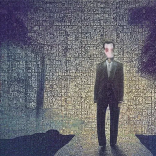 Image similar to dream A portrait of a man, by Karl Wiener, nighttime foreground, (abstract), figurative, ((((unreal engine)))), (pen), (((dark colors))), ((((dirt brick road)))), ((((((collage))))), ((Absurdist art))