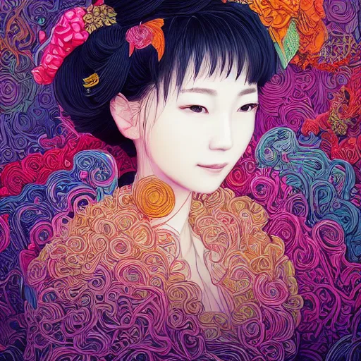 Image similar to the portrait of an incredibly cute and elegant japanese woman partially made of onions of all colors, an ultrafine detailed illustration by james jean, final fantasy, intricate linework, bright colors, behance contest winner, vanitas, angular, altermodern, unreal engine 5 highly rendered, global illumination, radiant light, detailed and intricate environment