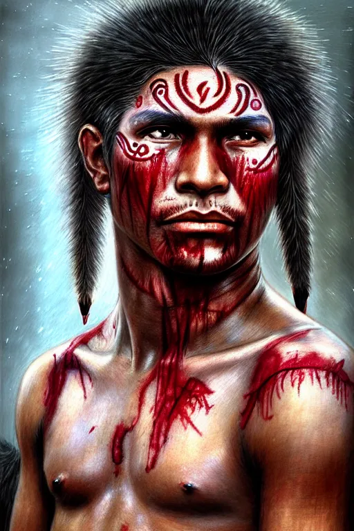 Prompt: head and shoulders portrait of a tupi guarani warrior, male, blood, indigenous war face painting, high fantasy, dnd, by wlop, luis royo, artgerm