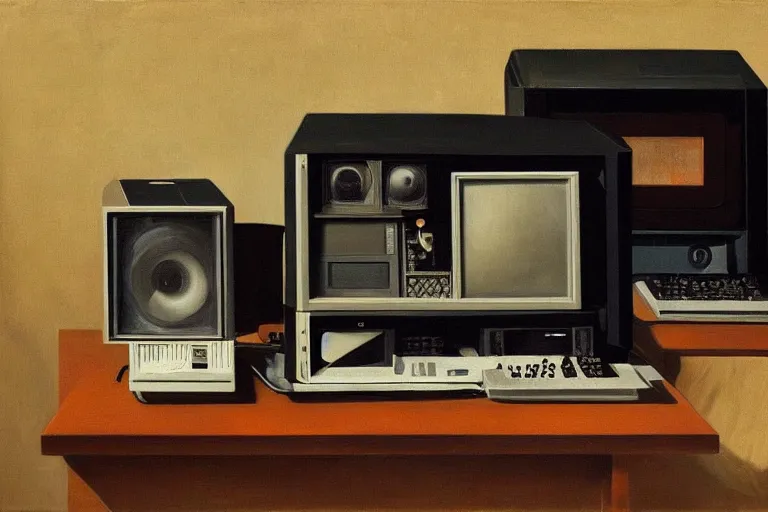 Prompt: still life painting of vintage computers by Caravaggio, oil on canvas, strong lighting, highly detailed, hyper realism, HD, 4K
