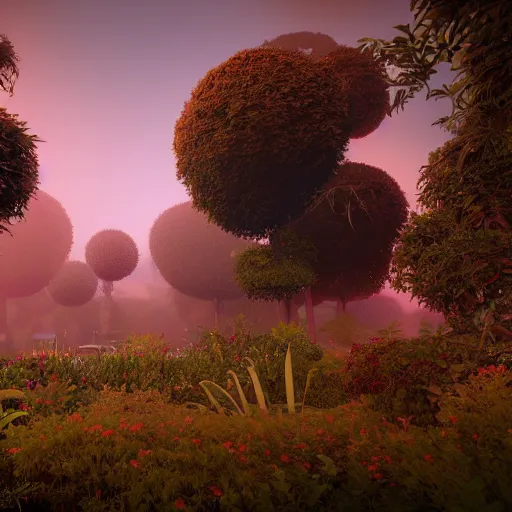 Image similar to a photo of a garden by benoit b. mandelbrot, golden hour, dreamy, misty, cool, afrofuturistic, side shot, detailed, rendered in unreal engine