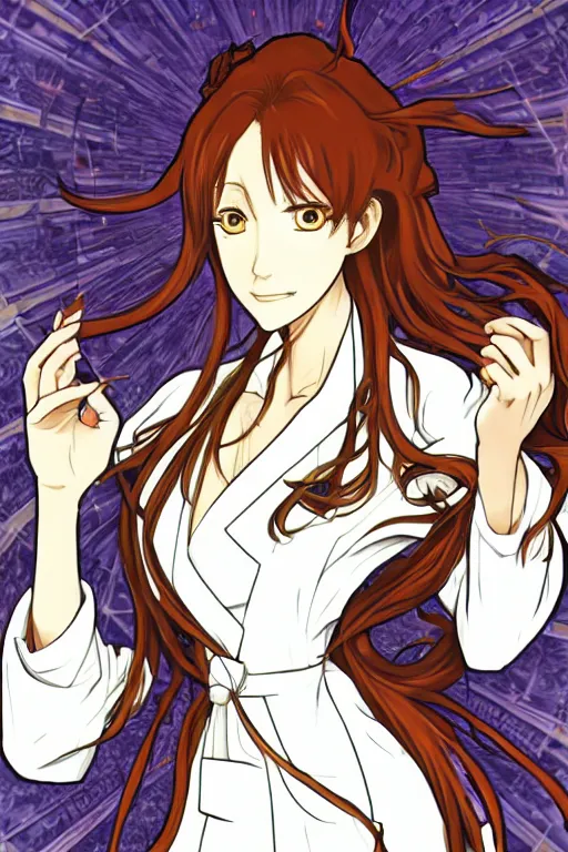 Image similar to Kurisu Makise in long lab coat tonemapped in the style of Ayami Kojima and Alphonse Mucha