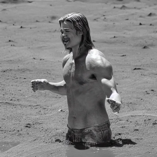 Prompt: brad pitt mud wrestling on the moon