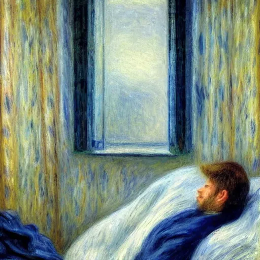 Image similar to on a rainy day, someone in home sits in bed, curled up under the covers, watching the rain outside the window, cinematic, artstation, extremely detailed, intricate, cinematic lighting, art by pierre - auguste renoir, gustave caillebotte