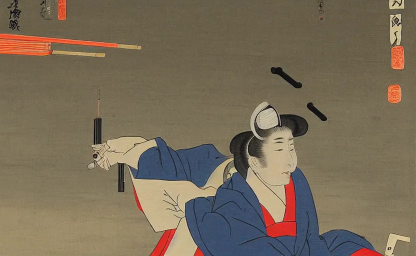 Image similar to a Japanese painting of the emperor of Japan shooting a laser gun