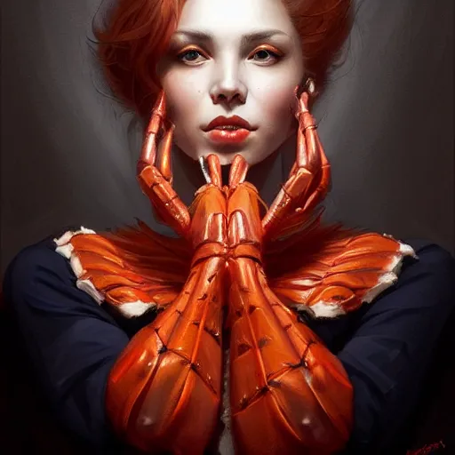 Prompt: portrait of an elegant orange queen with lobster hands, intricate, elegant, highly detailed, digital painting, artstation, concept art, smooth, sharp focus, illustration, art by artgerm and greg rutkowski and jpark