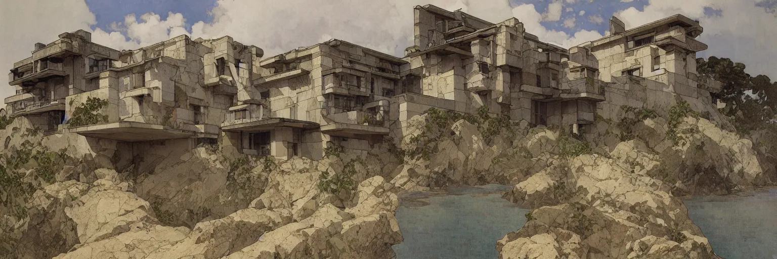 Image similar to hyper-realistic illustration of an exterior view of a huge Brutalist-style house on a rocky beach, by Alfons Mucha le Pater, Art Nouveau, Craig Mullins, Jules Louis Machard, Pierre-Narcisse Guérin, Carl Schweninger, Jr., asymmetry