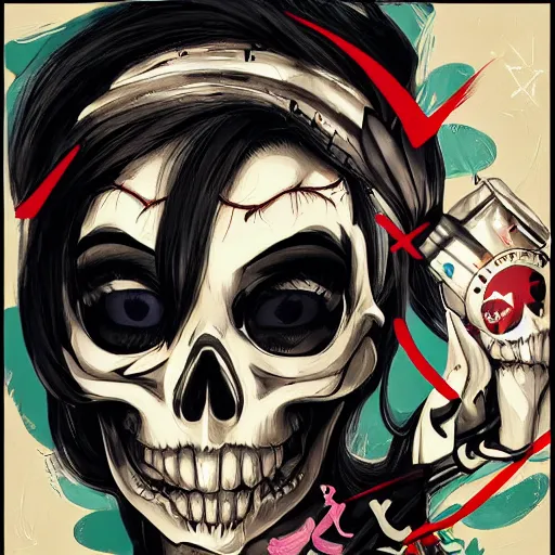 Image similar to anime manga skull portrait young woman skeleton, cuphead, painterly, logo, graffiti, elegant, highly detailed, digital art, art by jc leyendecker and sachin teng